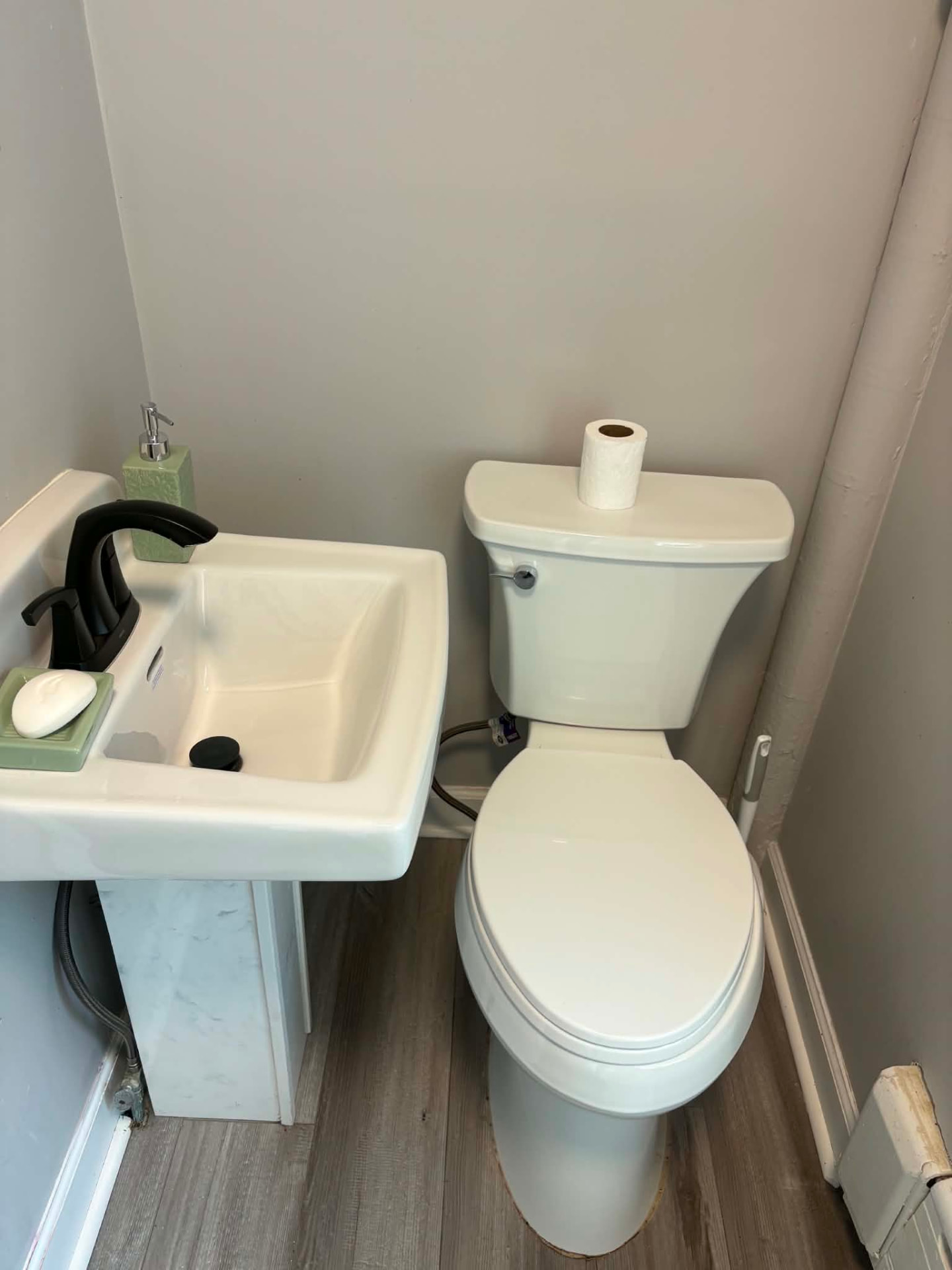 Bathroom sink and toilet after cleaning